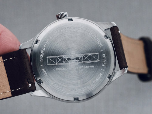 Automatic Watch caseback with Wright Flyer engraving